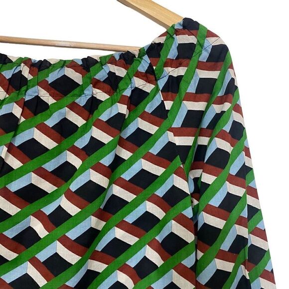 J.Crew  Off The Shoulder In Ratti Graphic Diamond Blouse Green Brown Size S - Picture 11 of 12